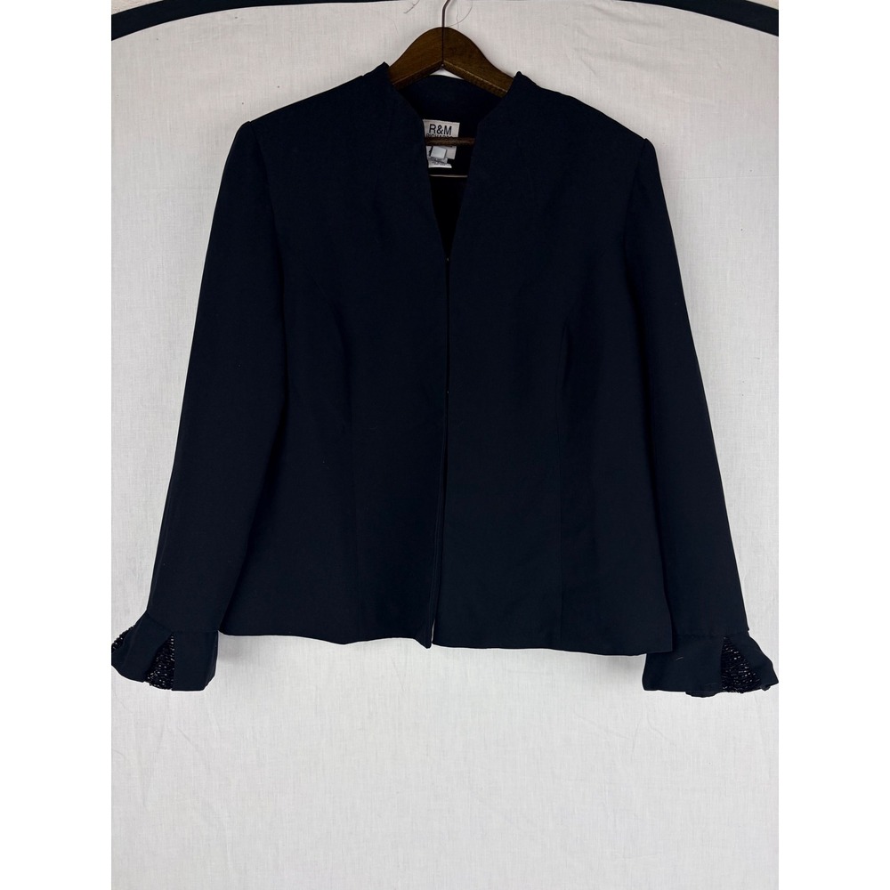 R&M Richards Womens Black Open Front Evening 14P Jacket Beaded Flare Cuff Blazer - Picture 2 of 13